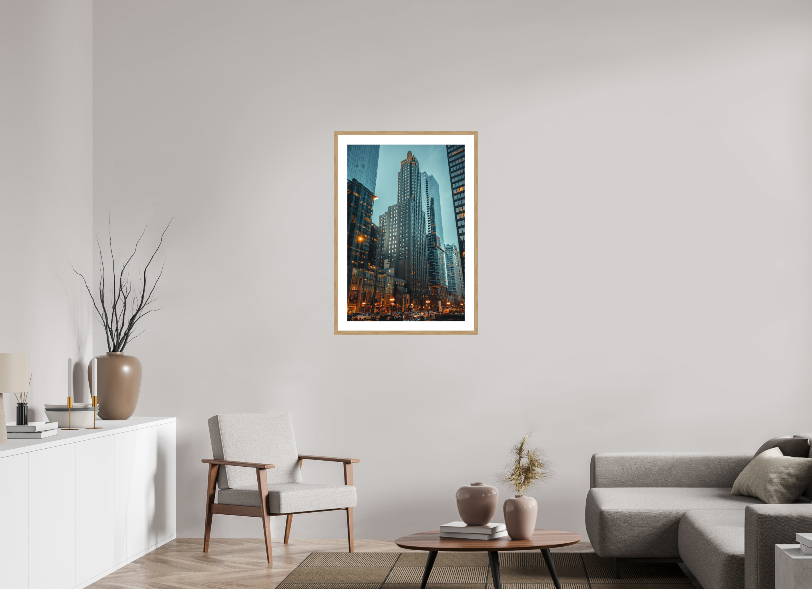 24 x 36″, Streetlight Dusk Oak Frame Streetlight Dusk