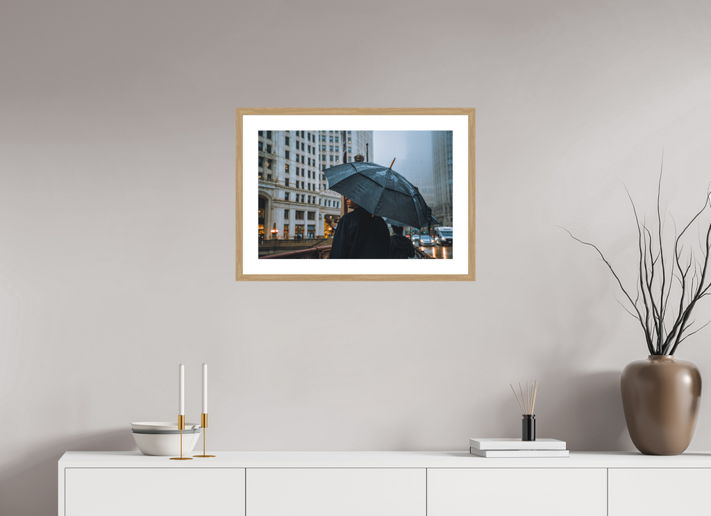 24 x 16″, Rainy Umbrella Oak Frame Rainy Umbrella